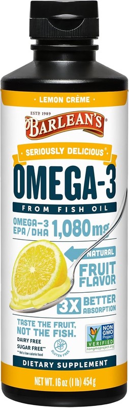Barlean's Omega 3 Fish Oil, 1080 mg of Omega 3 EPA & DHA Fatty Acid, Lemon 16 oz