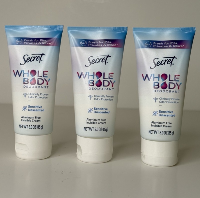 3 Secret Whole Body 24/7 Aluminum Free Deodorant Invisible Cream Unscented 3oz.