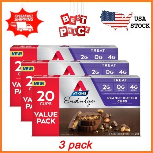 3 pack Atkins Endulge Treats, Peanut Butter Cups, Sugar Free Candy, Keto Desser