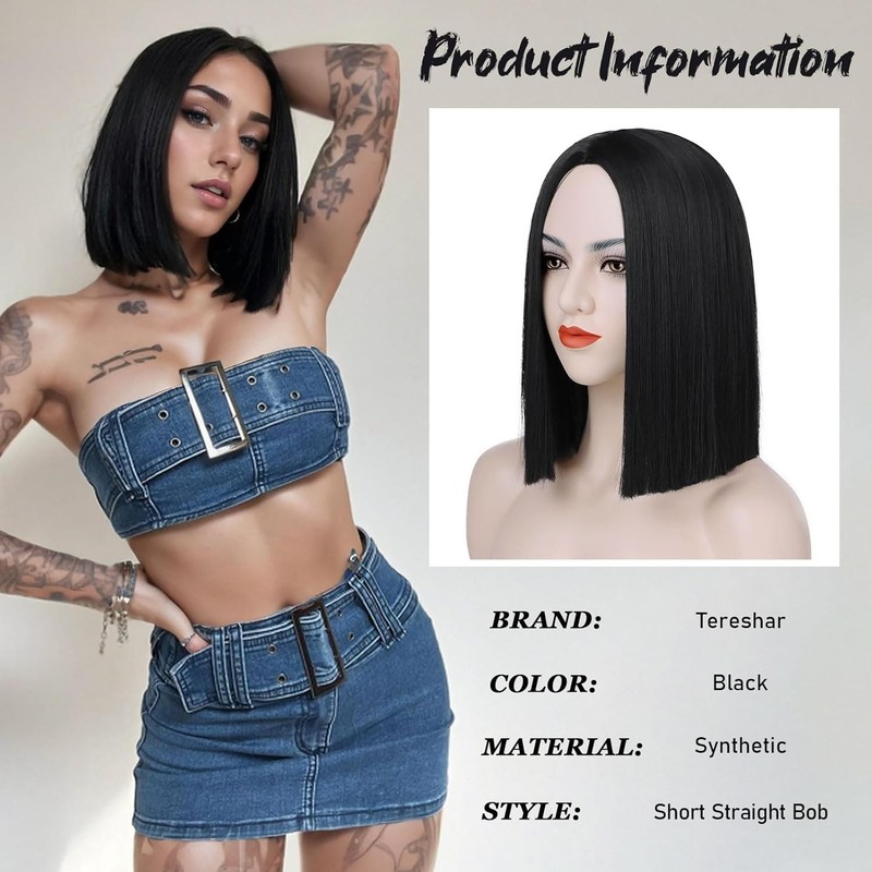 Black Bob Wigs Women Short Straight Bob Middle Part Shoulder Length Daily Party gallery
