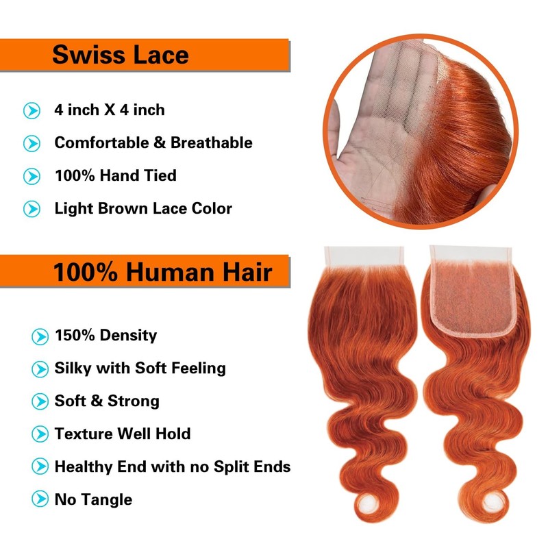 Realloves Ginger Orange Body Wave Human Hair Bundles 4X4 Hd Lace Closure 100 gallery