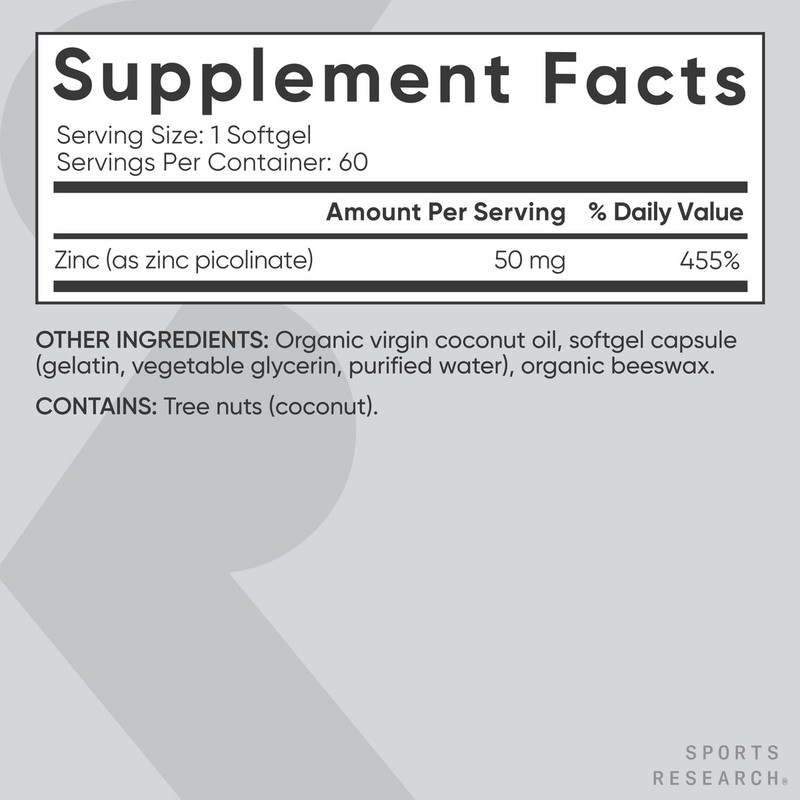 Zinc Picolinate 50mg Organic Coconut Oil Absorbable Immune Support Non-GMO 60ct gallery