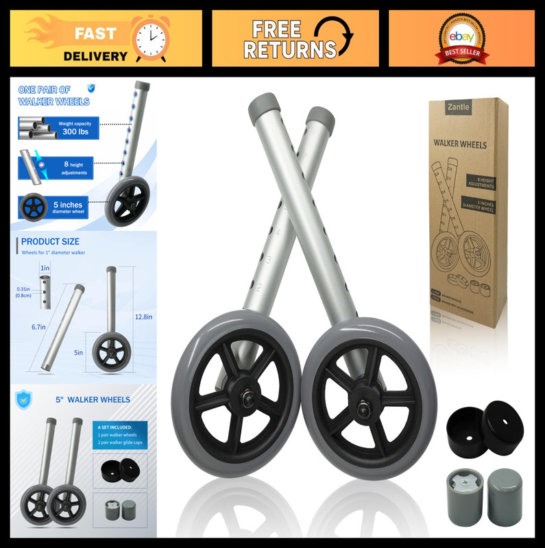 5″ Replacement Wheels for Walkers – 1 Pair, Fits 1″ Tube Diameter, Grey