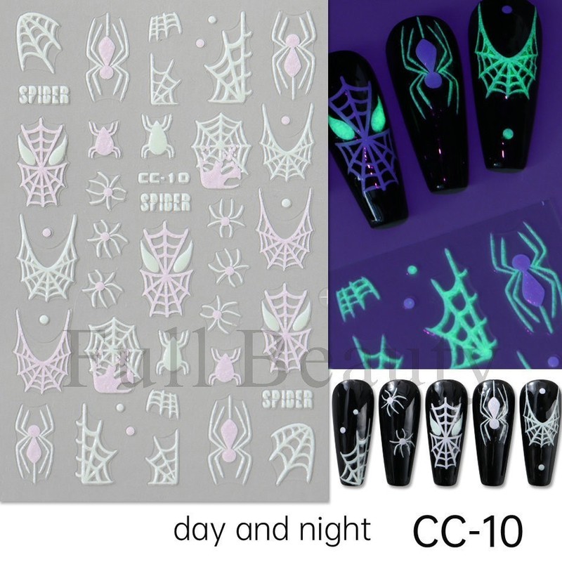 4Pcs Glow in The Dark Halloween Glitter Nail Decals Ghost Spider Web Skull NH30 gallery
