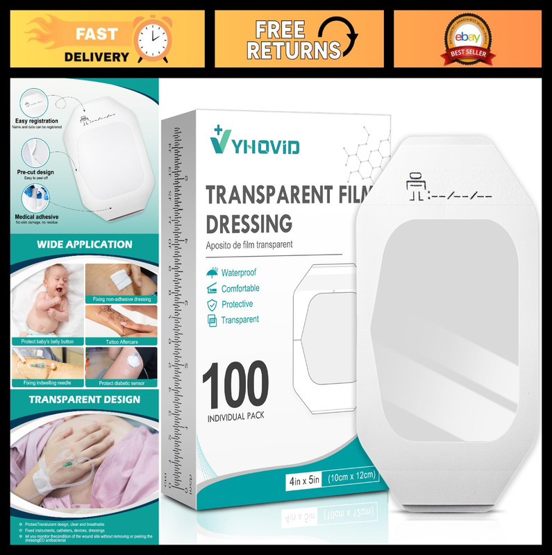 100 Transparent Film Dressings 4″x4.75″ – Waterproof Bandages for Wounds, Tattoo