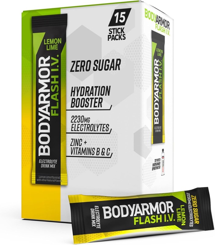 BODYARMOR Flash IV Electrolyte Packets, Lemon Lime – Zero Sugar 15 Stick Packs