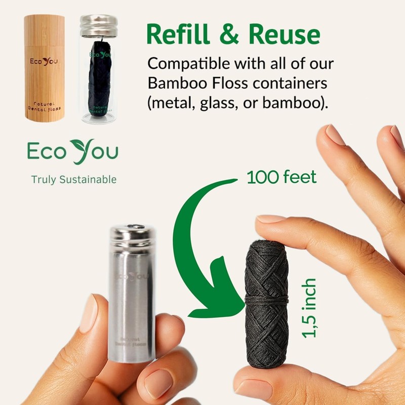 Charcoal Bamboo Floss | 2 Non Toxic Natural Floss Refill with Metal Container | gallery