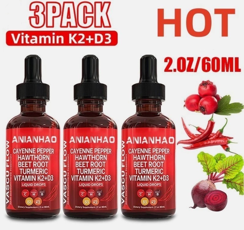 3PACK Nutra Vascu Flow Cayenne Pepper Liquid Drops Hawthorn Root Vitamin – 60ML+