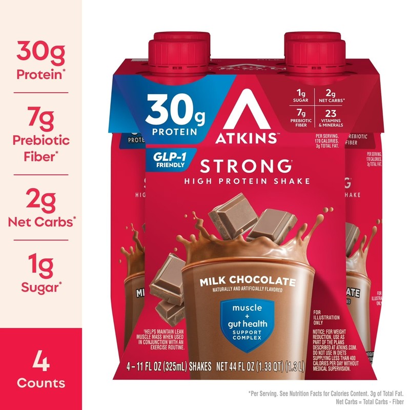 (3 pack) Atkins Strong, High Protein Shake, Milk Chocolate, 30g of Protein... gallery