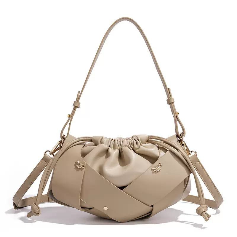 Khaki Beige Drawstring Shoulder Bag Women Woven Crossbody Purse