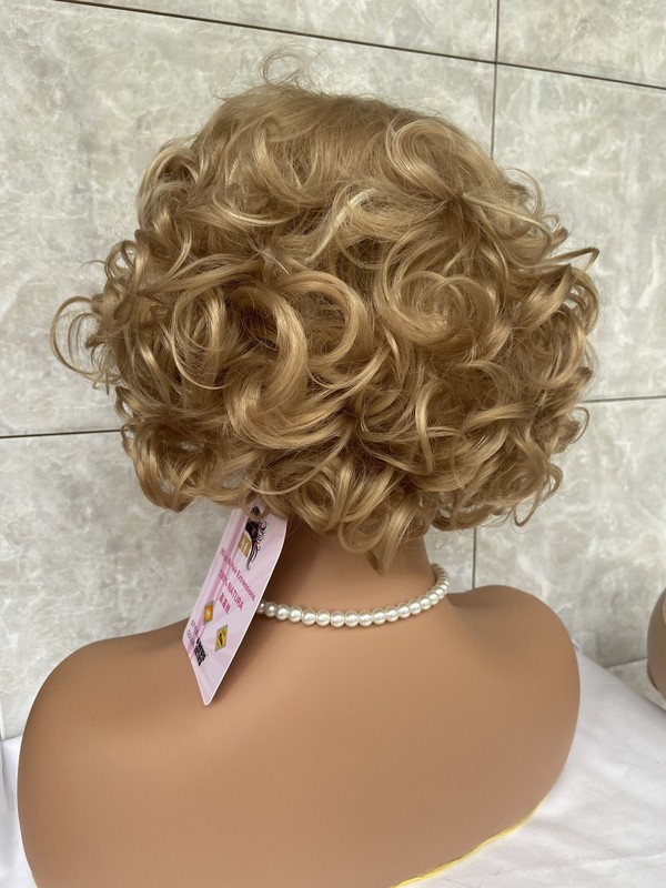 Short Fluffy Curly Wavy Blonde Mix Free Hairstyle Human Hair Blend Heat Ok Wig gallery