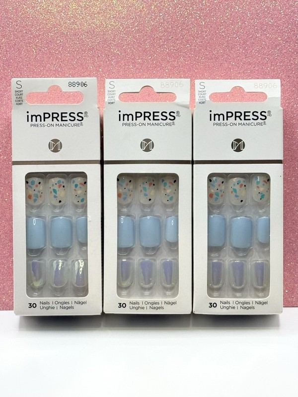 Kiss imPRESS No Glue Press-On Nails Manicure Short Blue 88906 (Lot Of 3)
