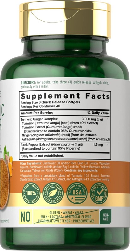 Tumeric Curcumin Max Potency and Ginger Complex 3000 Mg, 120 Softgels gallery