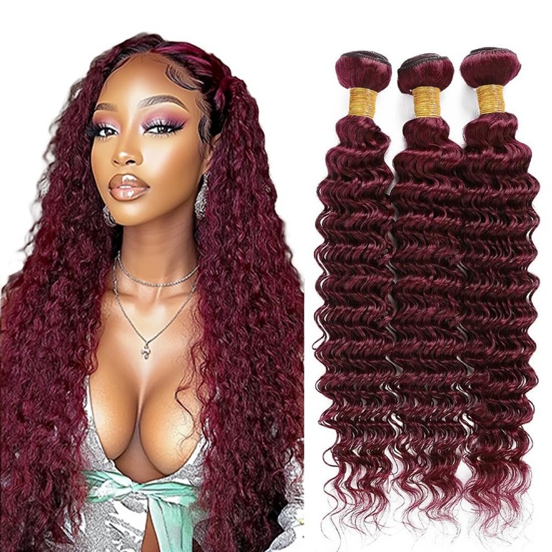 Niciitysi Color 99J Human Hair Burgundy Deep Wave Bundles 26 28 30 Inch Double