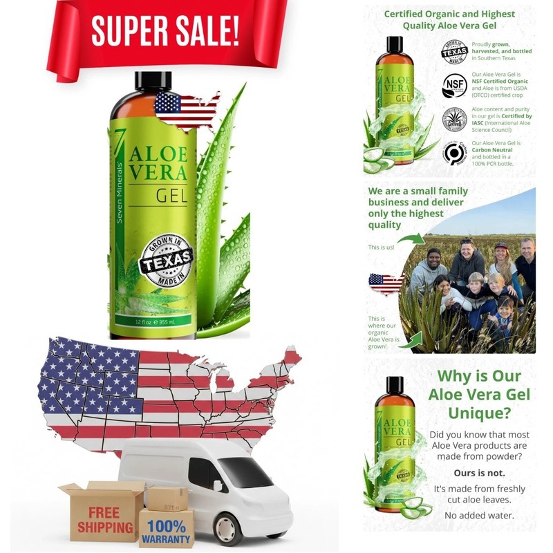 Seven Minerals Organic Aloe Vera Gel from freshly cut 100% Pure Aloe – Big 12…