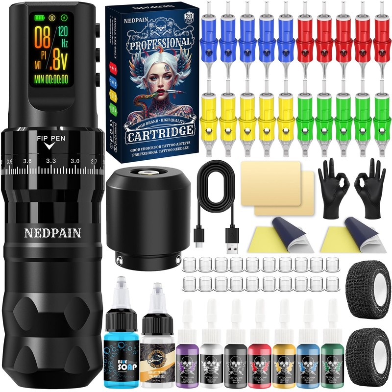 NEDPAIN Pro Wireless Tattoo Machine Kit 9500RPM – 1800mAh Battery 7 Adjustabl…