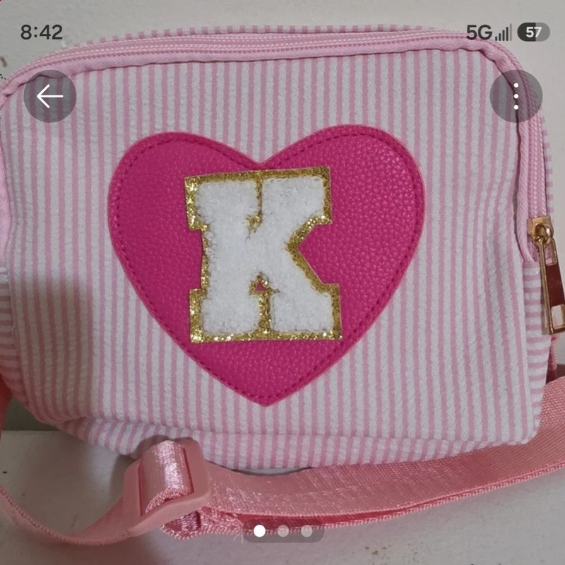 Pink & White Striped Makeup Bag Pouch, Zip Closure, Heart Patch Initial K