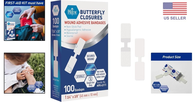 100 Pack Sterile Hypoallergenic Butterfly Wound Closure Strips for Quick Healing