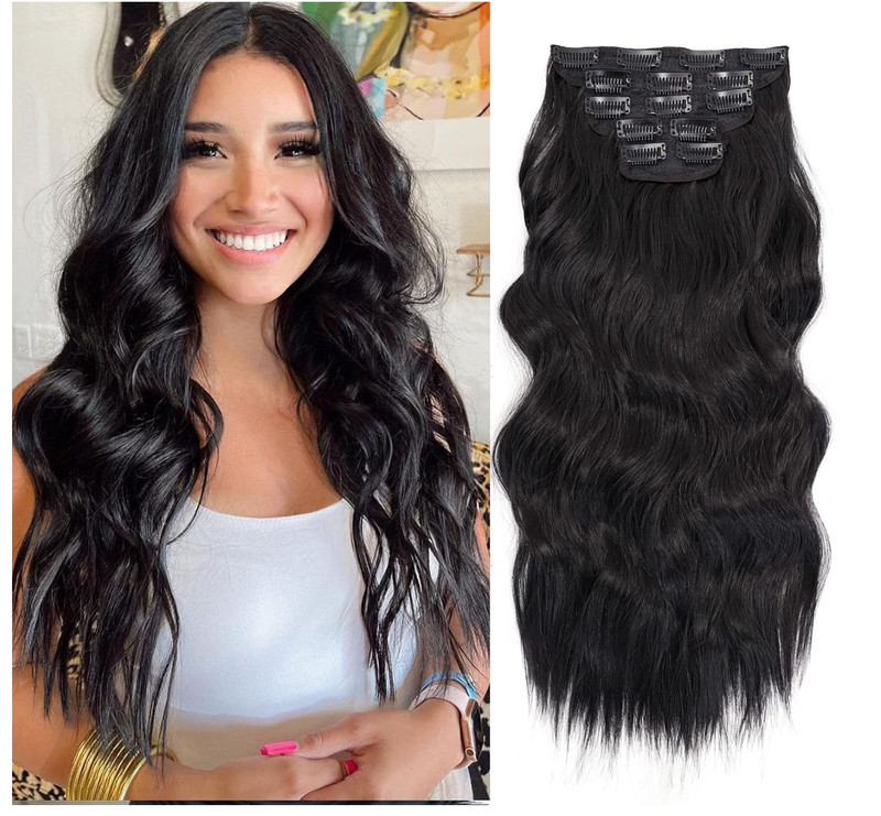 Natural Black Synthetic Clip in Hair Extensions 5Pcs 20 Inches Long Wavy Hair