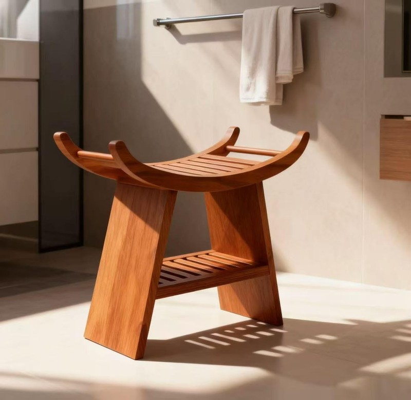 23" Teak Shower Bench with Curved Seat & Storage Shelf, Holds 500 LBS gallery