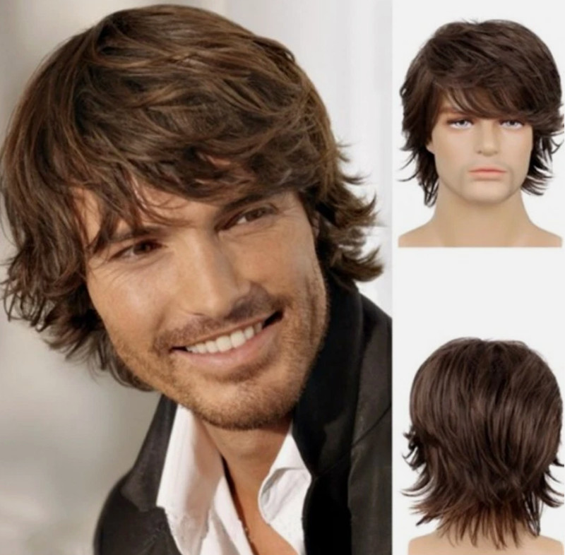 Men's Short Wig Med-Length Men's Hair Full Wig Grey Blonde Brown Wig gallery
