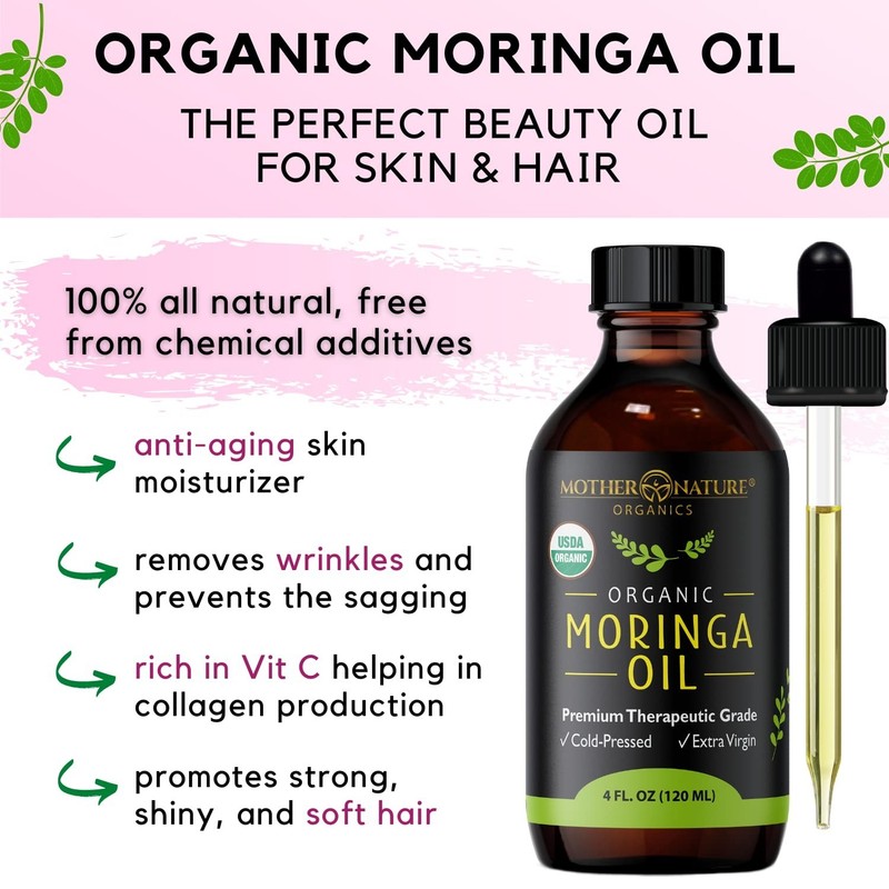 Organic Moringa Oil - Cold Pressed Pure Face & Hair Oil for Hydration, Glow & Fr gallery