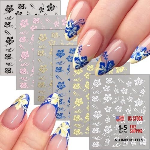 Hibiscus Flower Nail Stickers, 6PCS Hibiscus Flowers 6 Colors Hibiscus Stickers