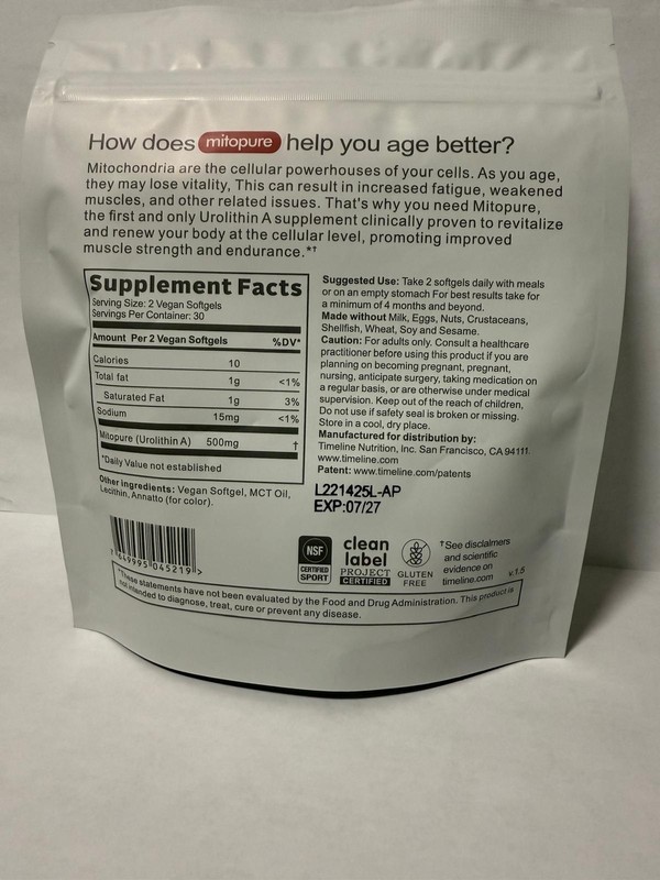 Time-Line Mitopure Urolithin A 500mg – 60 Softgels – Longevity Supplement –07/27 gallery
