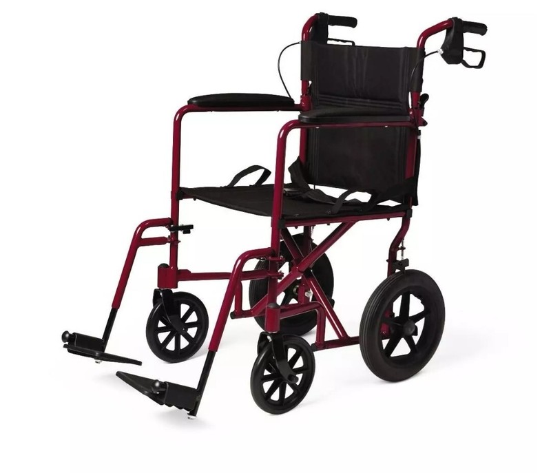 Red Medline Lightweight Transport Wheelchair w/Handbrakes, 12 inch Wheels