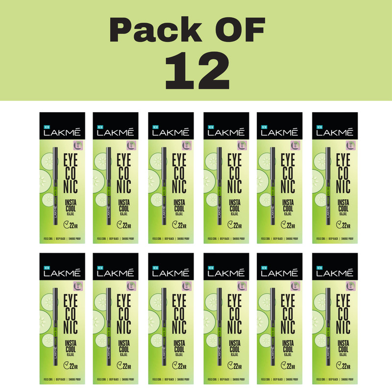 12 X Lakme Eyeconic Insta Cool Kajal Cooling Kohl Liner Waterproof (Black) 0.35g