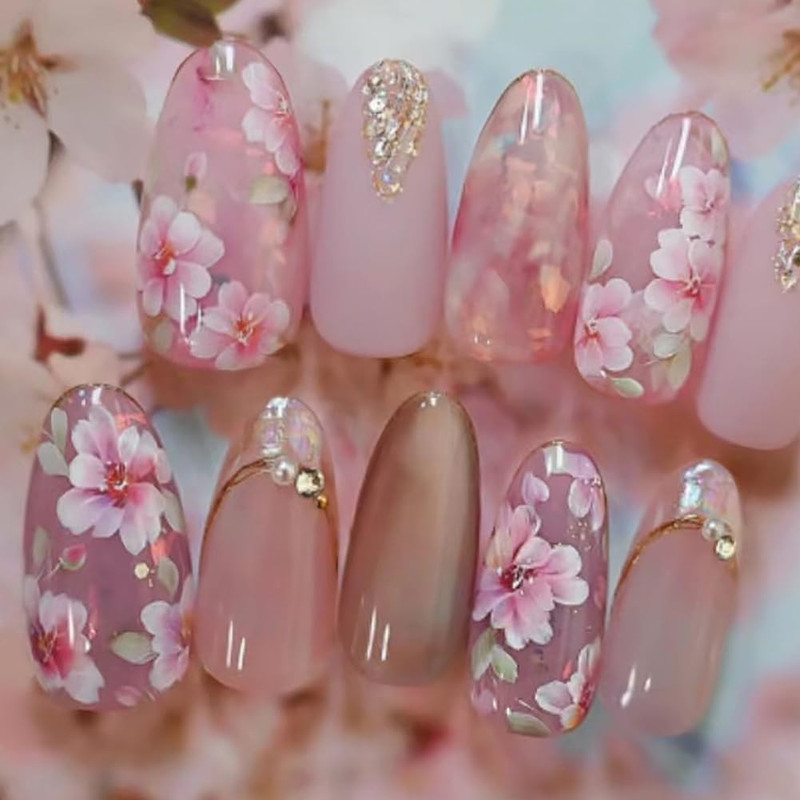 Short Square Press on Nails - Short Fake Nails with Green Gold Leaves Summer Nai gallery