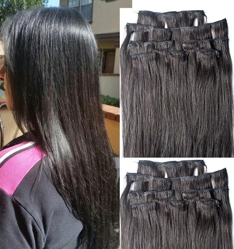 18″,20″,22″,24″ 100% REMY Human Hair Extensions 7Pcs Clip in #1B Off Black