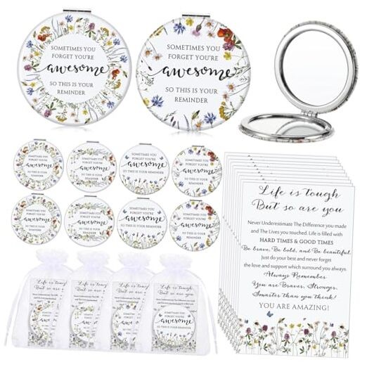 24 Sets Inspirational Compact Mirror Gifts for Women Bulk Small Flower Makeup