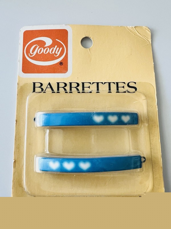 Vintage 1970s Goody Barrettes Plastic Wire Clasp Blue White Hearts New Old Stock