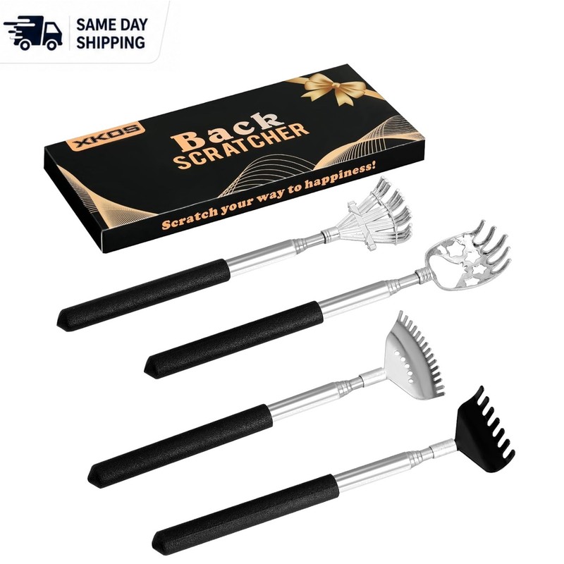 XKOS 4-Pack Telescoping Back Scratcher with Rubber Handles & Box Black