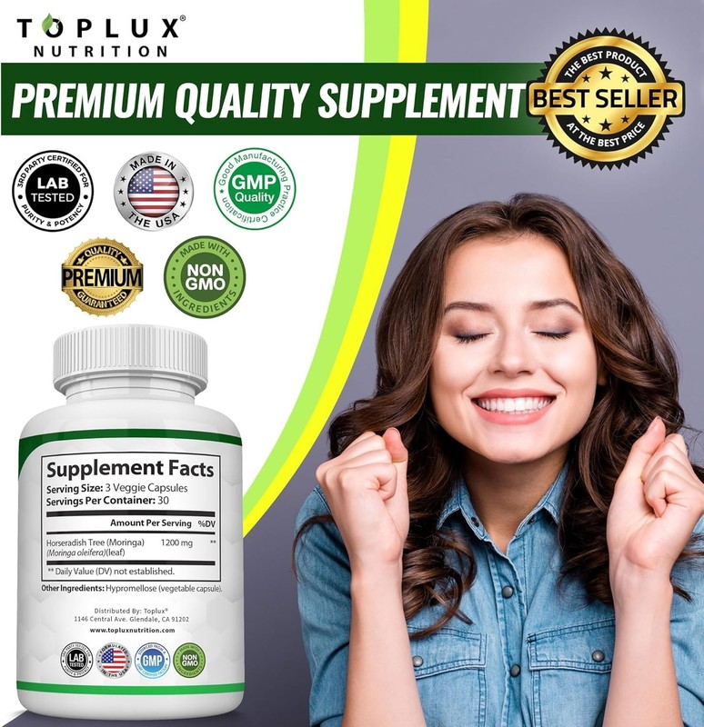 Toplux Moringa Capsules – 3-Pack – 1200mg – 270 Capsules – Vegan, Non-GMO gallery