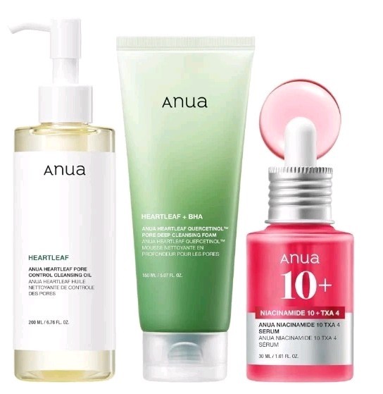 Anua 3-Step Glass Skin Beginner Set,Oil Cleanser and Face Wash with Facial Serum