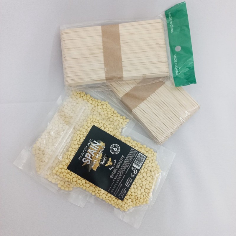 Spain Hard Wax Beans Pearls 200g + 100 Wooden Spatulas Applicator Hair Removal gallery