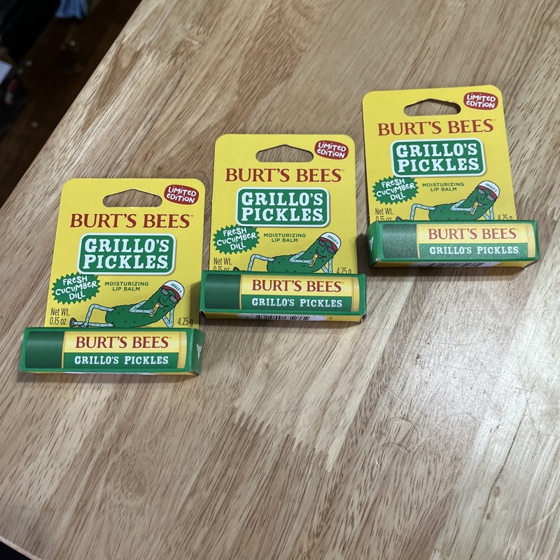 LIMITED Lot of 3 Burt’s Bees Grillo’s Pickles Lip Balm Cucumber Dill *RARE*