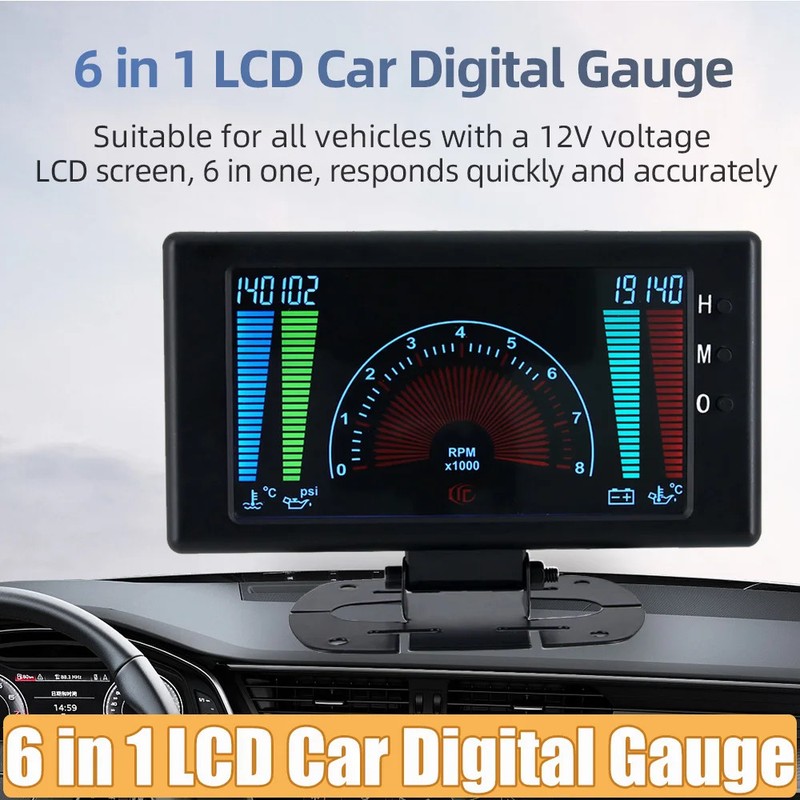 6 In 1 Digital Gauge Tachometer Voltage Oil Temp Gauge Meter with Sensors 1/8NPT