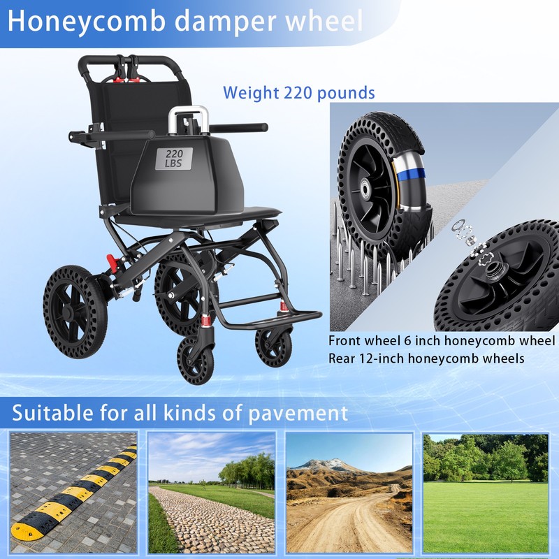 Lightweight Folding Portable Transport Wheelchair With Hand Brake Weight 16lbs gallery