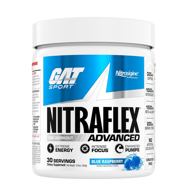 Pre Workout Powder Nitraflex Advanced Blue Raspberry 30 Servings GAT SPORT Blood