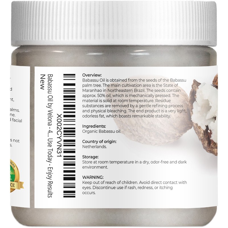 Velona Babassu Oil USDA Certified Organic 4 oz Food, Cosmetic Grade Cold Pressed gallery