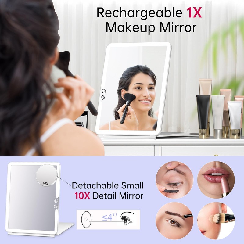 Travel Makeup Mirror Lights 1800mAh 10x7.5 Inch 10X Magnifying 3 Color Fold gallery