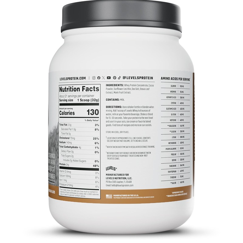 Levels Grass Fed Whey Protein Powder Double Chocolate 24G Protein 1.48LB Gym New gallery