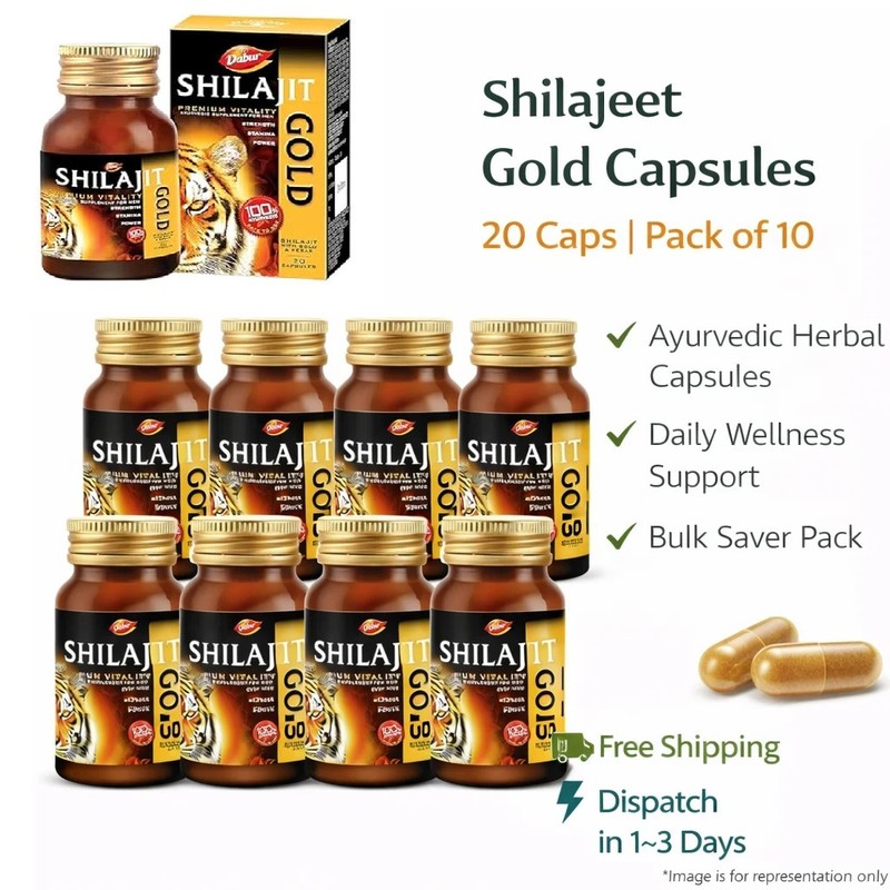 Shilajeet Go0ld Caps 20 Caps Ayurvedic Energy Stamina Support Pack 10
