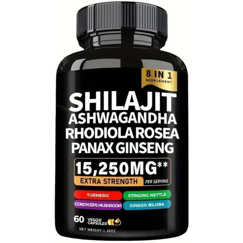 Shilajit, Ashwagandha, Rhodiola Rosea, Panax Ginseng; 8 in 1 Supplement-60 caps