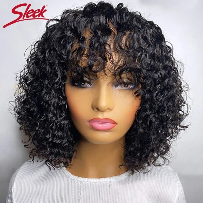 Short Pixie Bob Cut Human Hair Wigs With Bangs Jerry Curly Full Machine Wig High