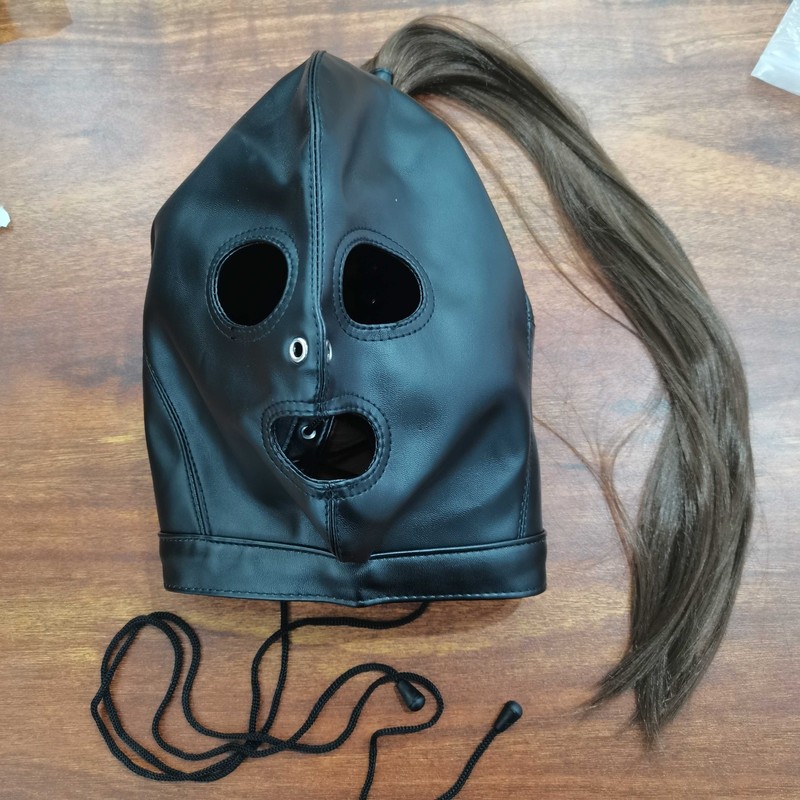 PU Leather Bondage Mask Hood with Hair Ponytail Head Restraint Headgear Harness gallery