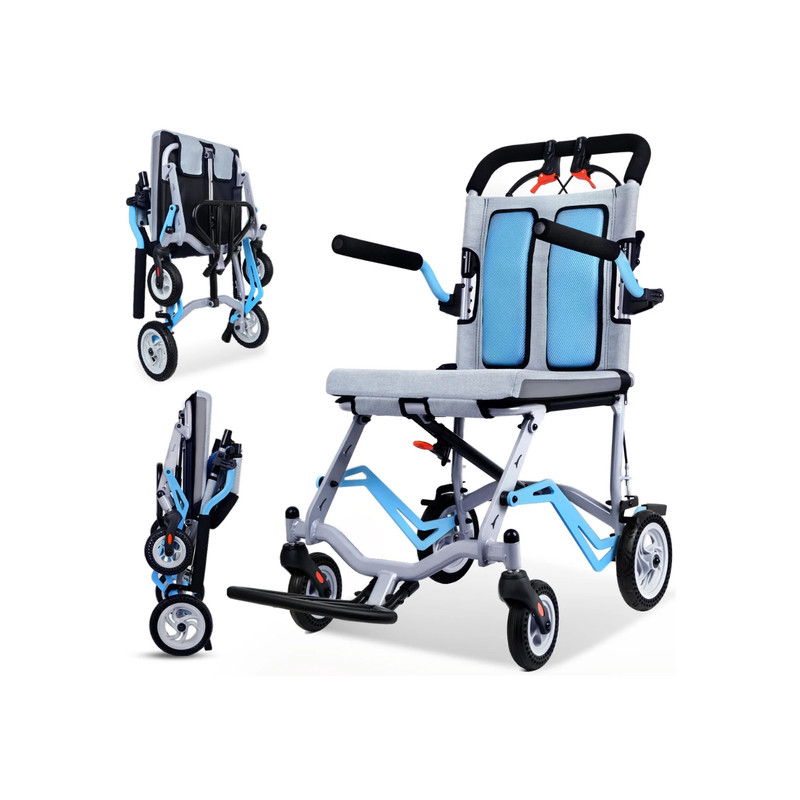 Portable Travel Wheelchair Lightweight Aluminum 220lb Capacity 360° Wheels Blue